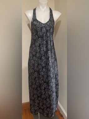 Oscar de la Renta Navy Blue Maxi Dress with White Swirl Print Sz M